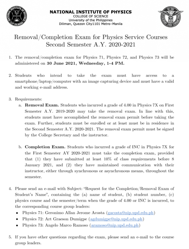 Removal exam for Physics service courses AY 20202021, 2nd semester